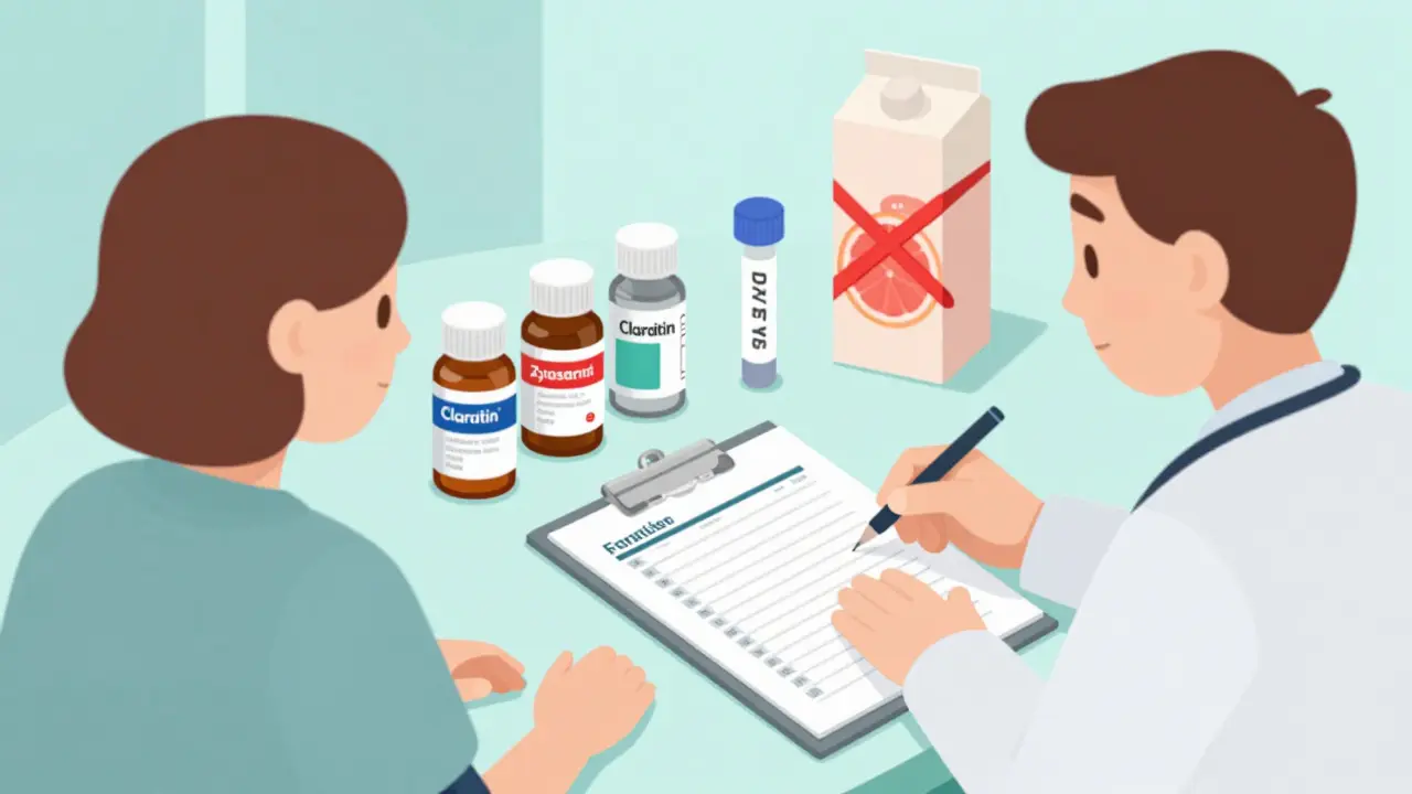 Doctor and patient reviewing blood pressure log with safe antihistamines on table.