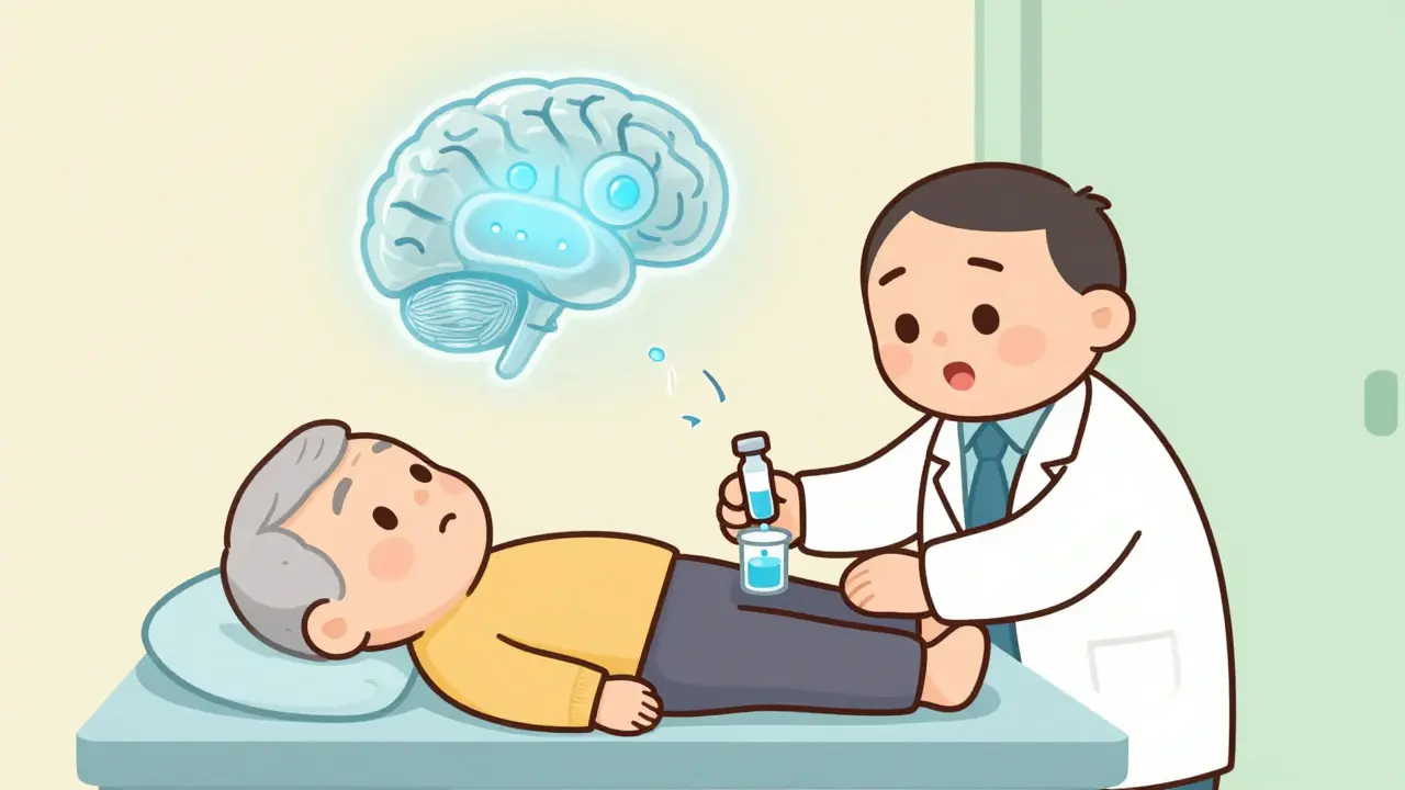 Doctor performing a CSF tap test while a transparent brain shows enlarged ventricles.