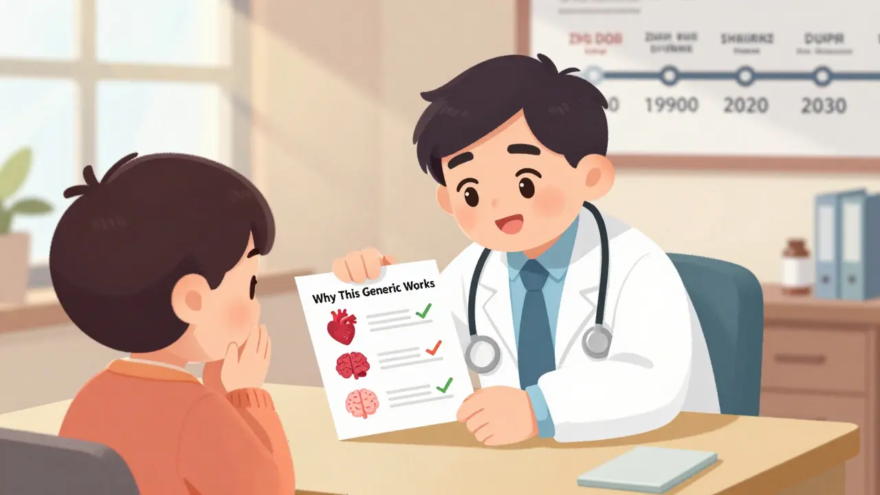 Doctor showing a patient a simple handout explaining why generic drugs work, both smiling in a sunlit clinic.