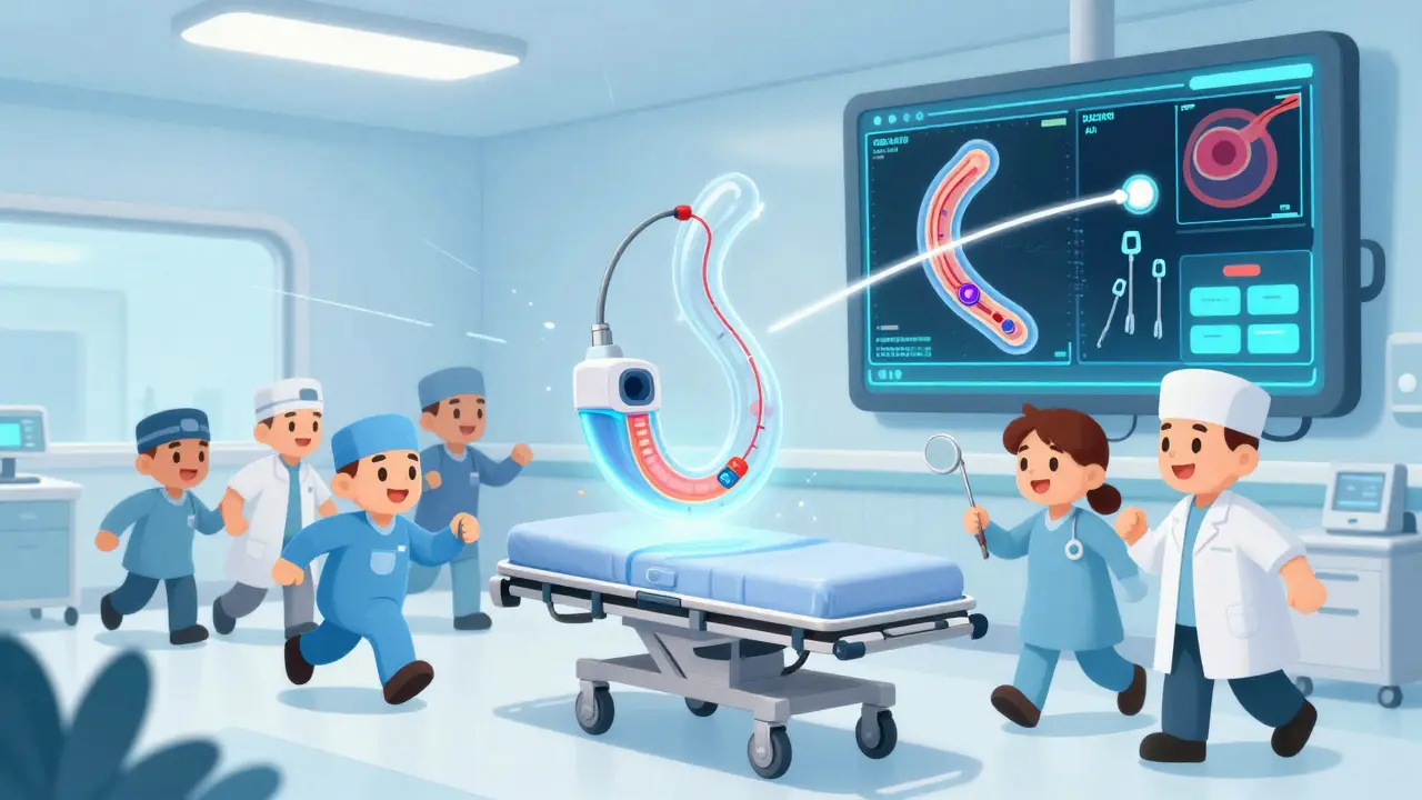 Emergency team rushing patient, colonoscope with AI-highlighted lesions, medical tools sealing bleeding vessels.