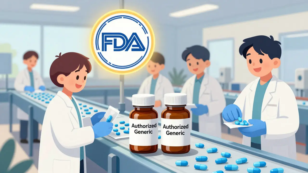 Factory assembly line producing identical pills in two different labeled bottles, with FDA seal above.
