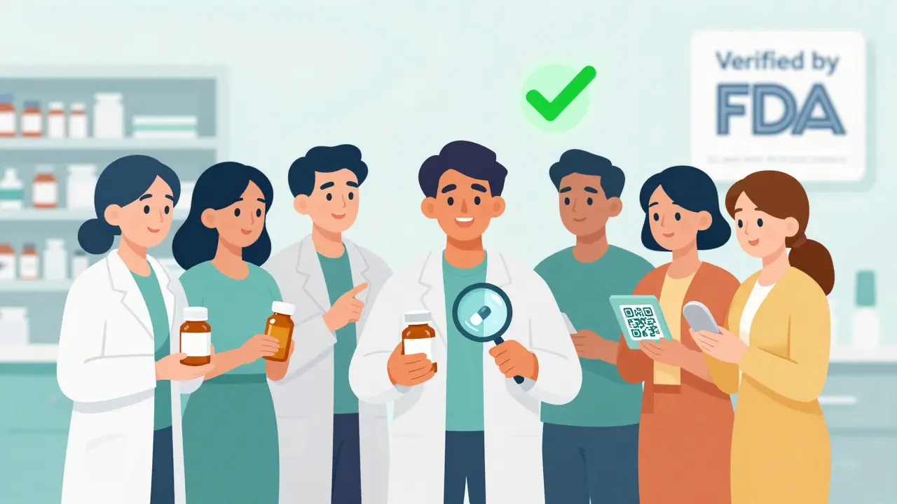 Group of people and pharmacist checking medication authenticity with holograms and QR codes