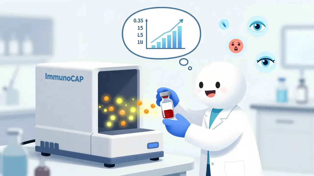 Lab technician with ImmunoCAP machine glowing as IgE levels rise on a digital display.