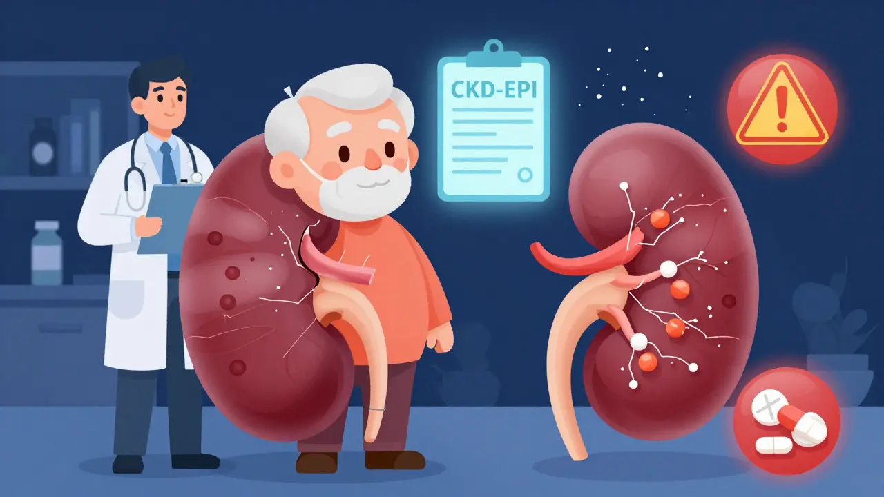 Older adult beside a clogged kidney with low creatinine dots, contrasted with a healthy kidney, warning over NSAIDs.