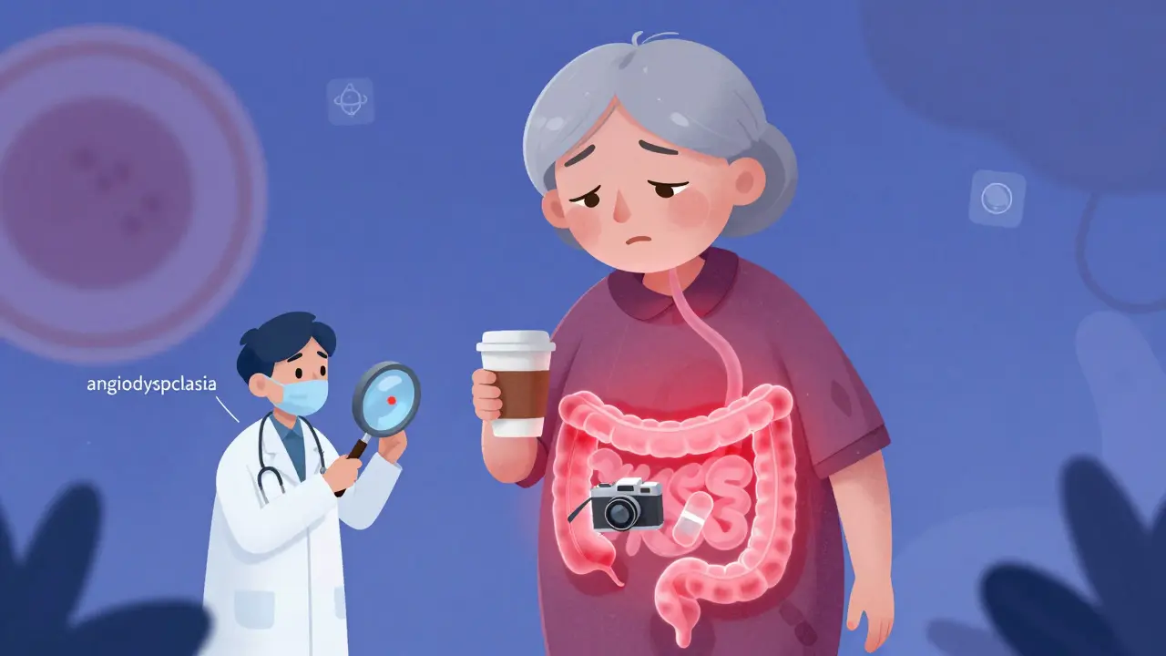 Pale older woman with glowing blood vessels in colon, capsule endoscope floating inside, doctor examining with magnifier.