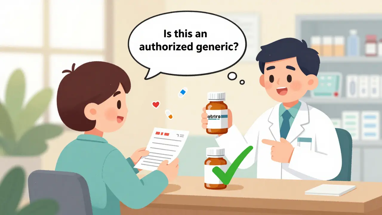Patient asking pharmacist if a pill is an authorized generic, with a thought bubble showing the brand version.