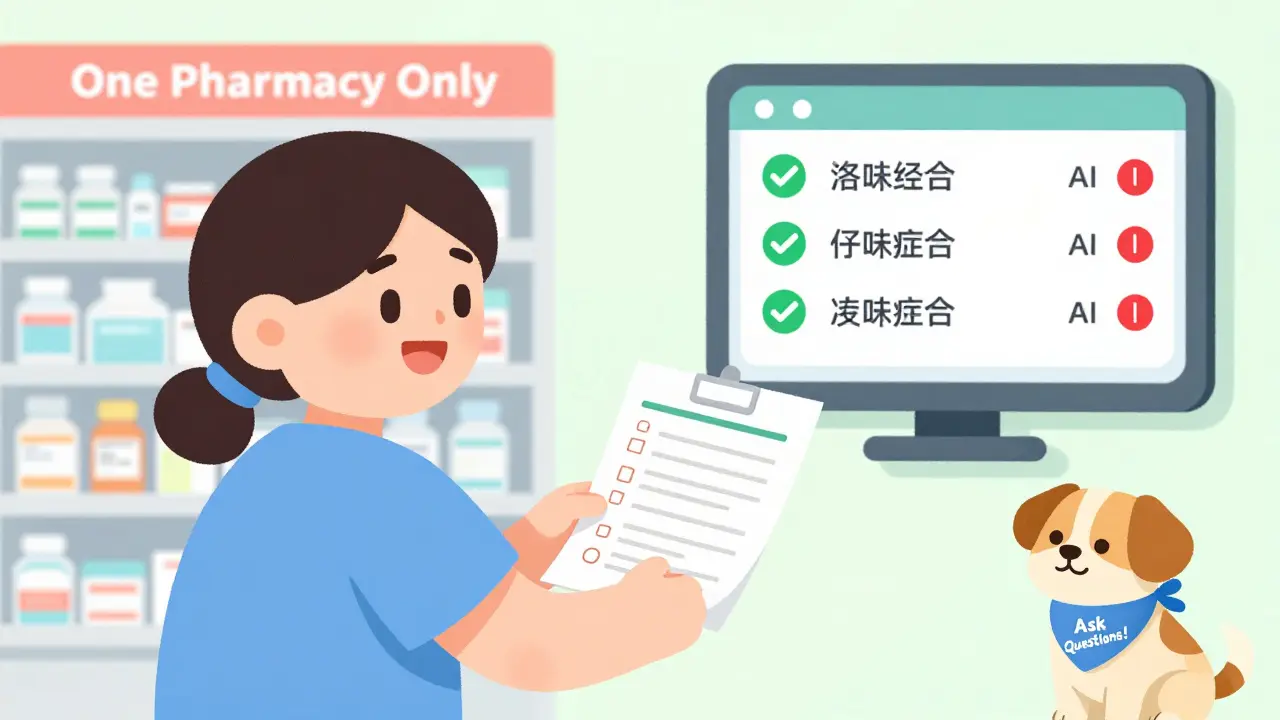 Patient giving medication list to doctor, AI alerts on screen, pharmacy shelf labeled 'One Pharmacy Only'.