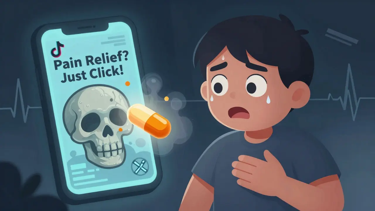 Person clutching chest as counterfeit pill turns into toxic skull-shaped fumes