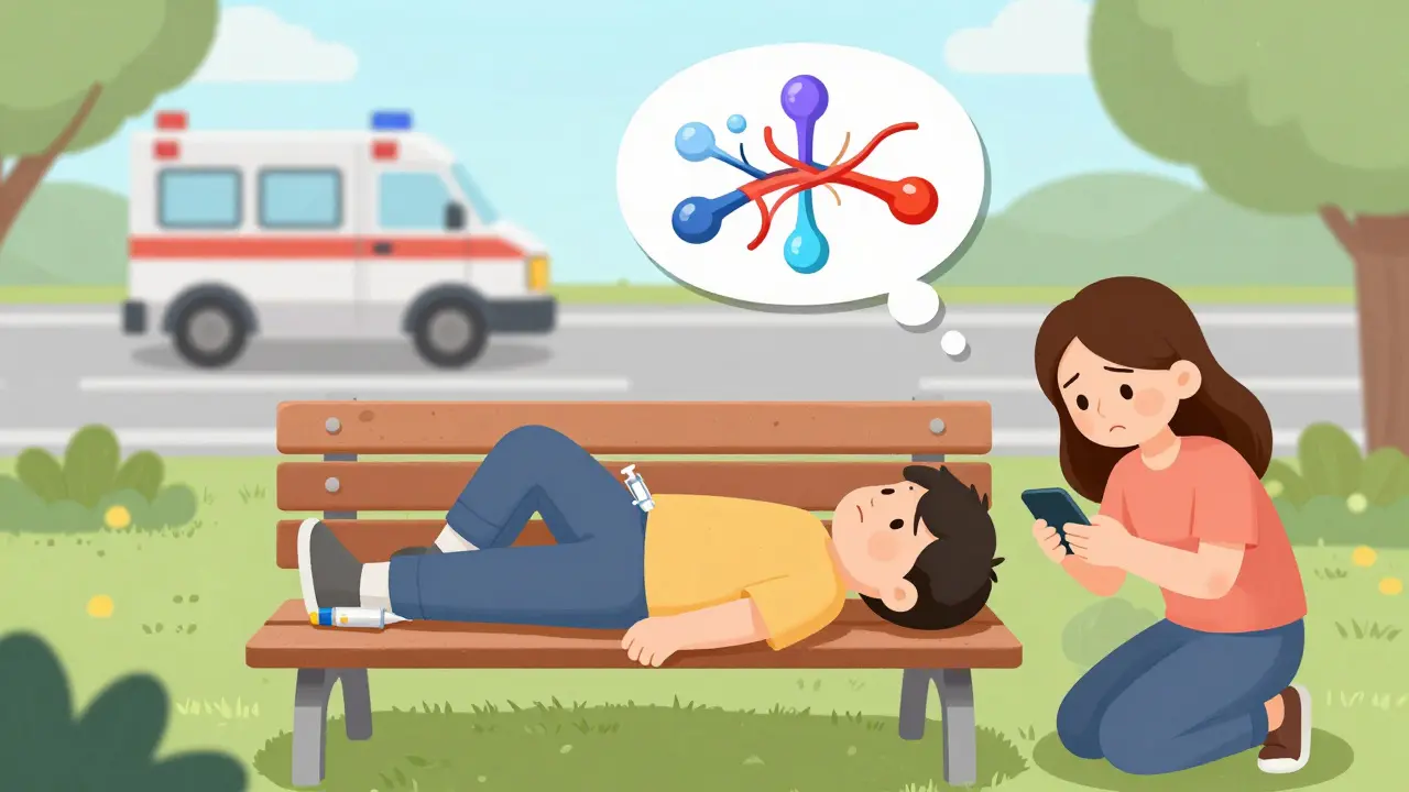 Person lying down after epinephrine injection, ambulance approaching in distance.