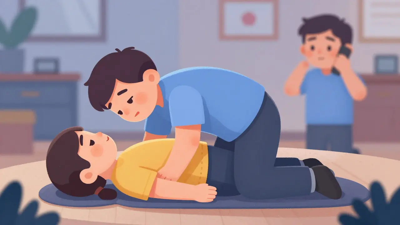 Person rolling an unconscious person into the recovery position to prevent choking.