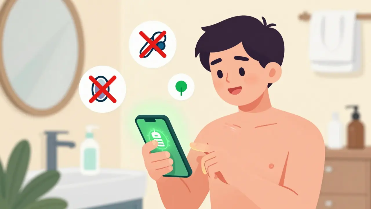 Person scanning lotion with app that blocks allergens, skin clear and happy.