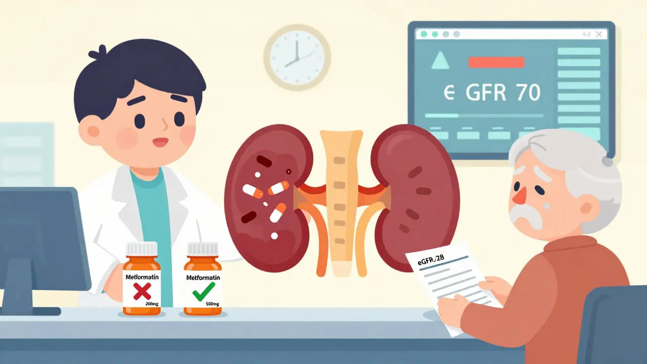 Pharmacist comparing safe and unsafe metformin doses with a kidney filter visualizing eGFR levels.