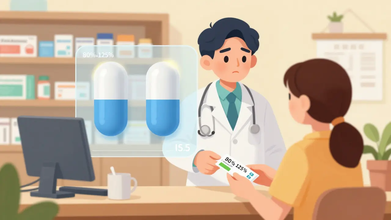 Pharmacist handing a generic prescription to a patient while a doctor looks uncertain, with absorption range visualized above.