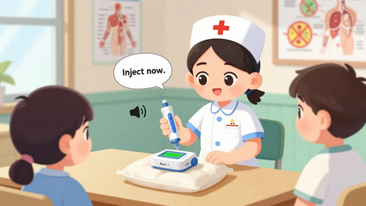 School nurse teaching students how to use an auto-injector with voice guidance.