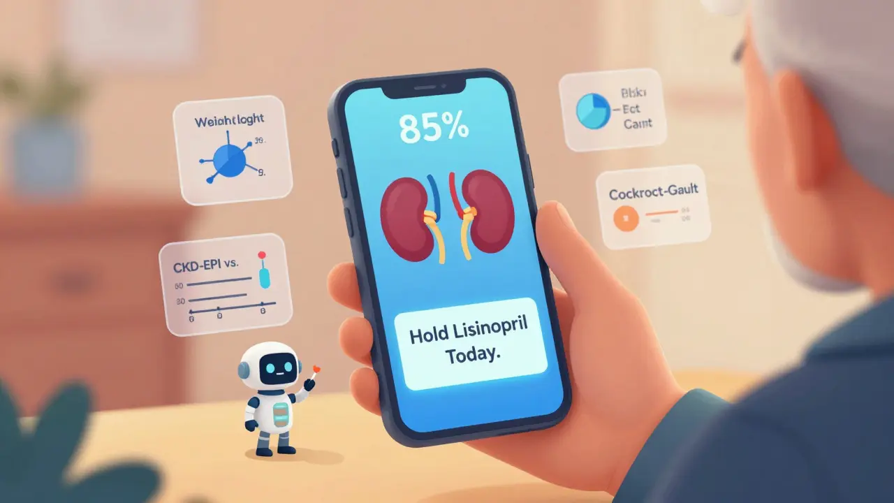 Senior holding a smartphone alerting them to adjust medication based on real-time kidney function.