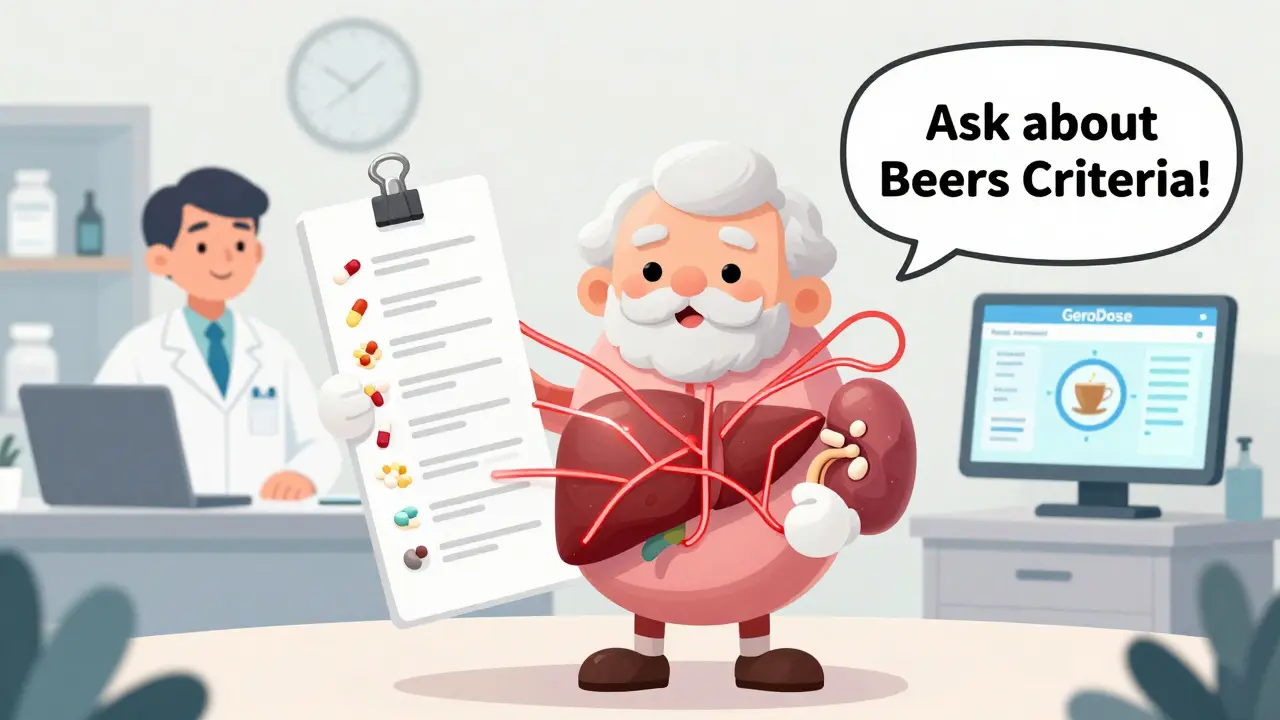 Senior holding many medications with tangled connections to liver and kidneys, pharmacist and dosing software in background.