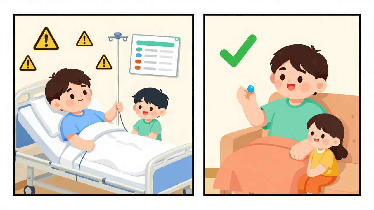 Side-by-side: hospital IV antibiotic vs. home penicillin pill with cost and health differences.
