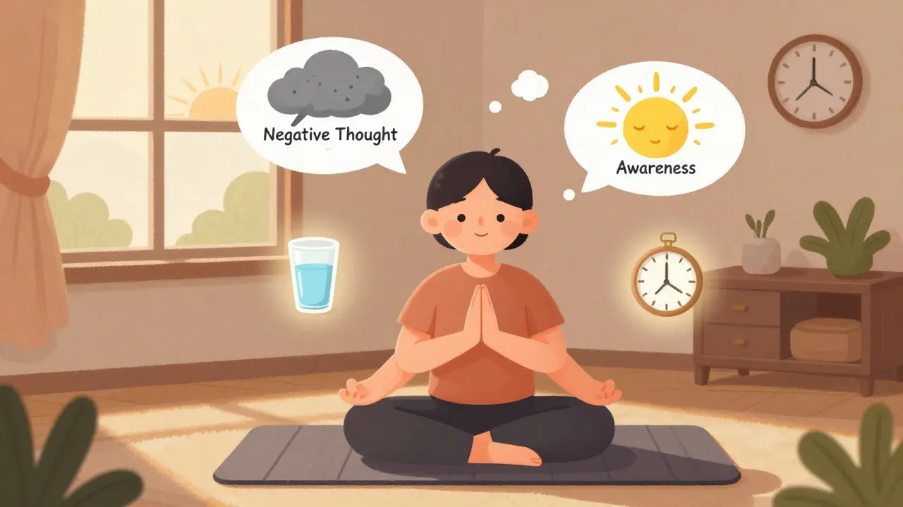 Someone meditating with calm thought bubbles, surrounded by healthy habits like sleep and plants.