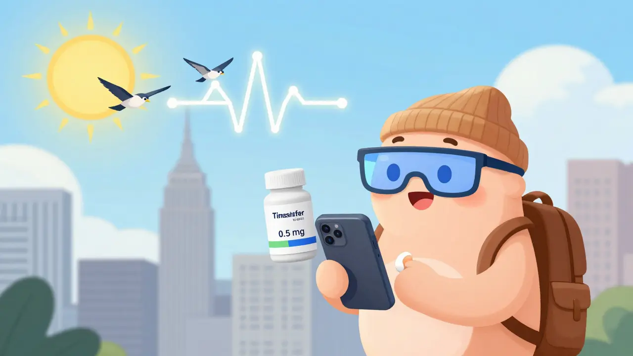Traveler using a phone app under morning sun, wearing blue-light glasses, holding a small melatonin pill with a glowing rhythm timeline above.