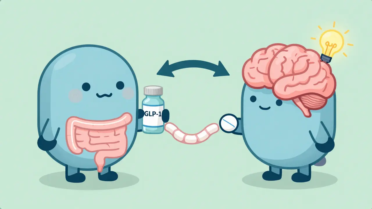 Two medication bottles connected by a slow digestive tract, with a dim brain symbol indicating reduced antidepressant effectiveness.