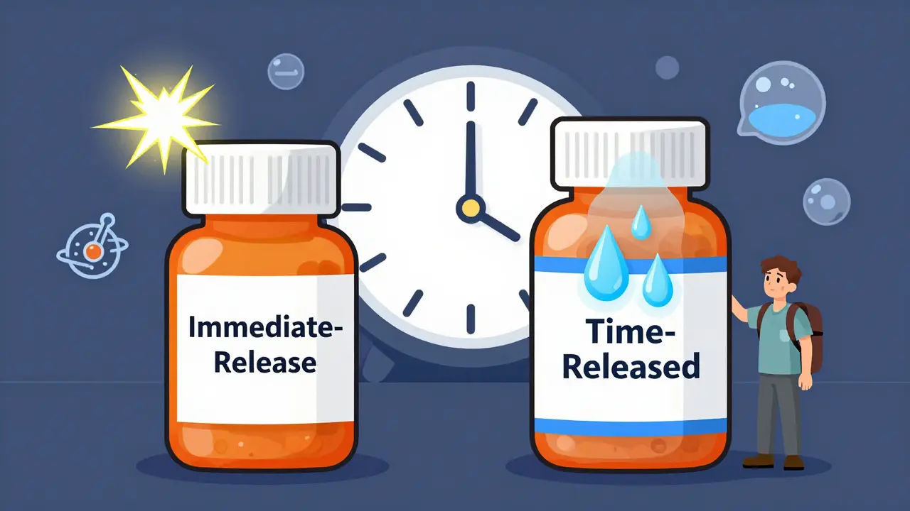 Two pill bottles side by side: one releases a flash of light, the other drips slow blue mist, with a backward-ticking clock in background.