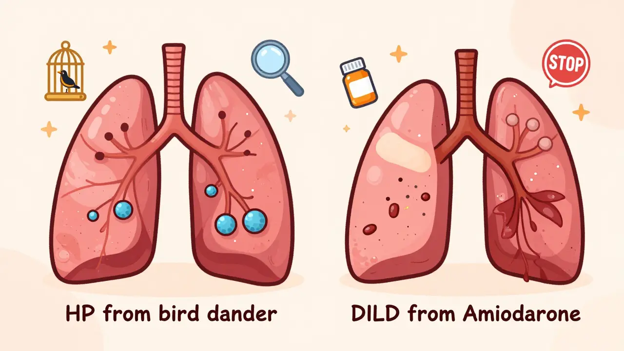 Two side-by-side lung diagrams: one showing HP from bird dander, the other DILD from a pill, with floating medical icons.