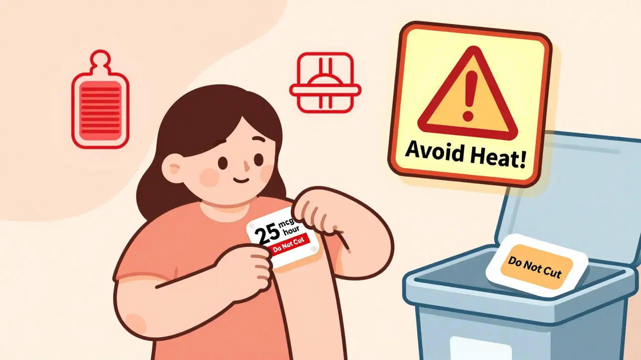 A patch being applied with heat warnings visible, and a safely disposed patch in a take-back bin.