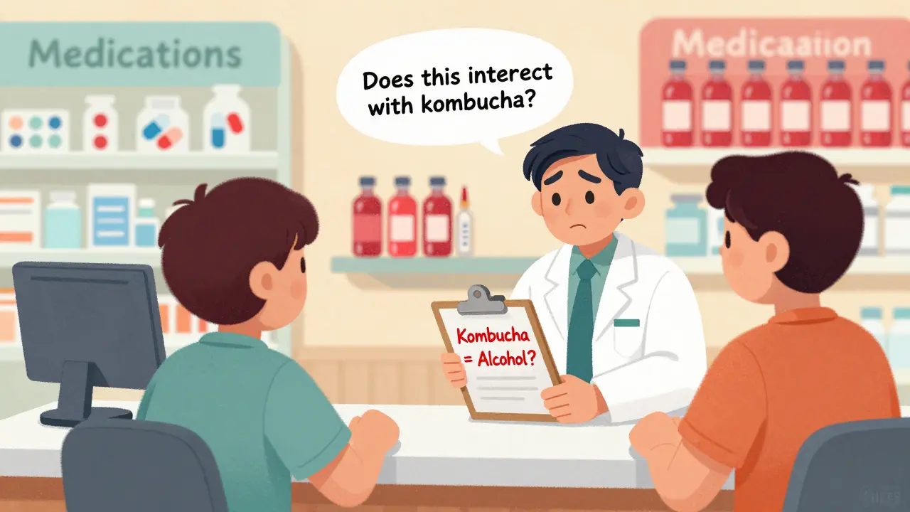 A patient asks a confused pharmacist about kombucha interactions, with medication icons glowing red behind them in a pharmacy setting.