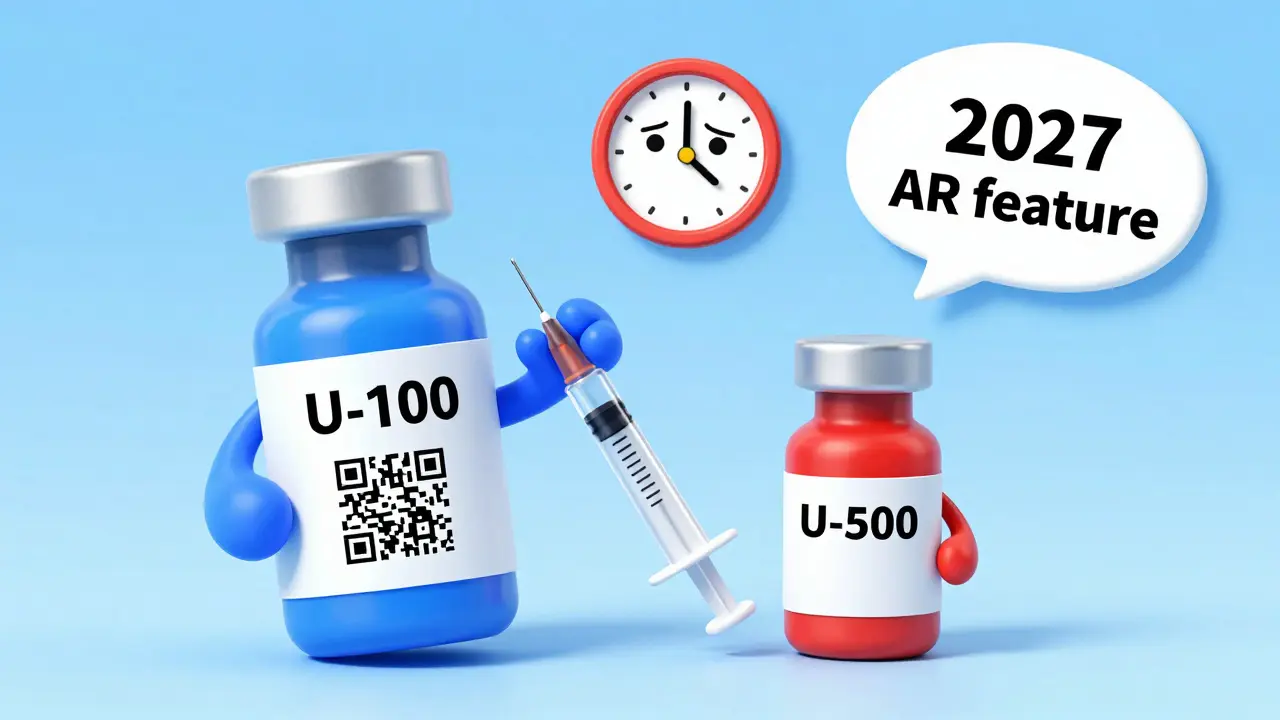 A patient comparing U-100 and U-500 insulin vials with color-coded labels and a glowing QR code.