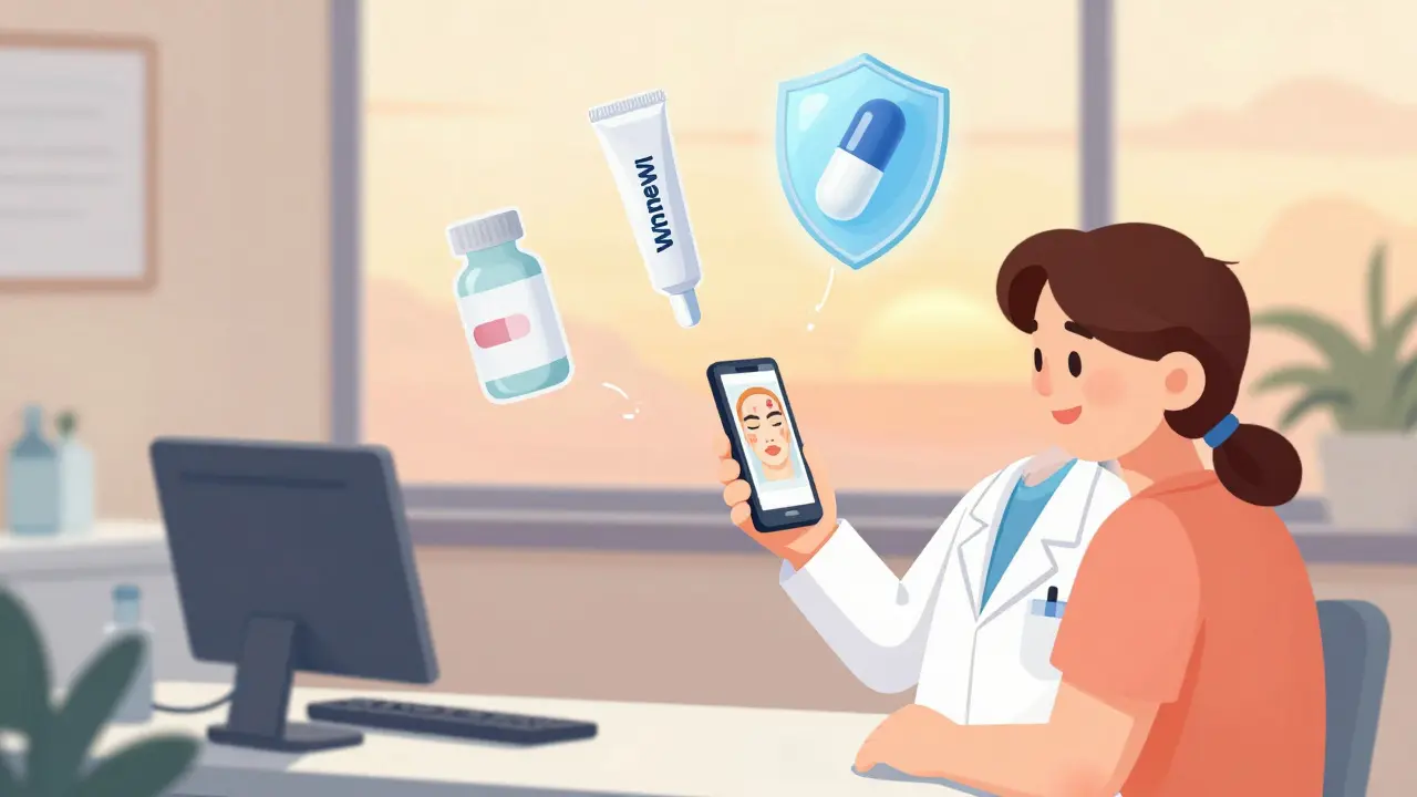 A patient in a dermatologist's office with an AI skin scan and treatment icons floating nearby, symbolizing personalized acne care.