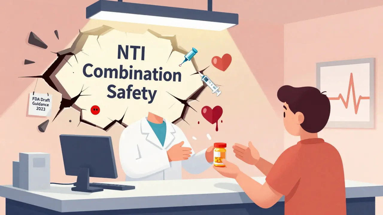 A pharmacist hands a generic pill to a patient as safety warnings collapse behind them in a cartoon-style medical setting.