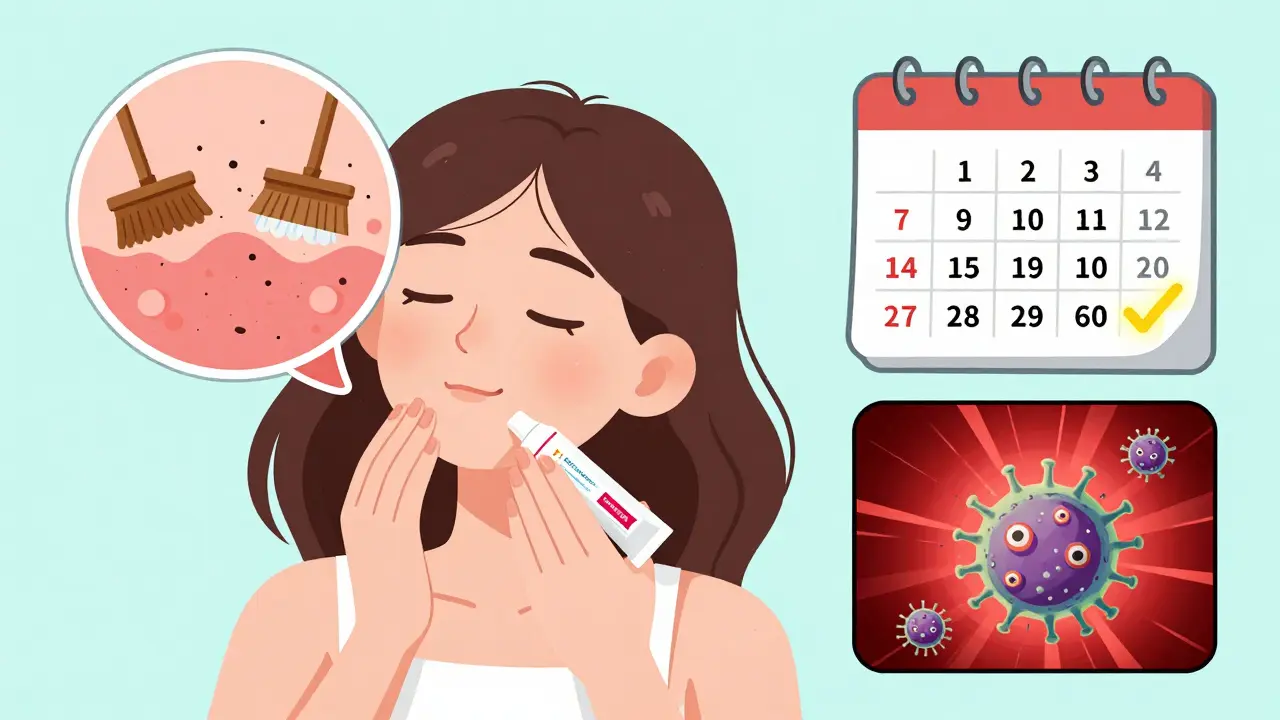 A woman applying acne cream while visual icons show pores clearing and bacteria being eliminated over time.