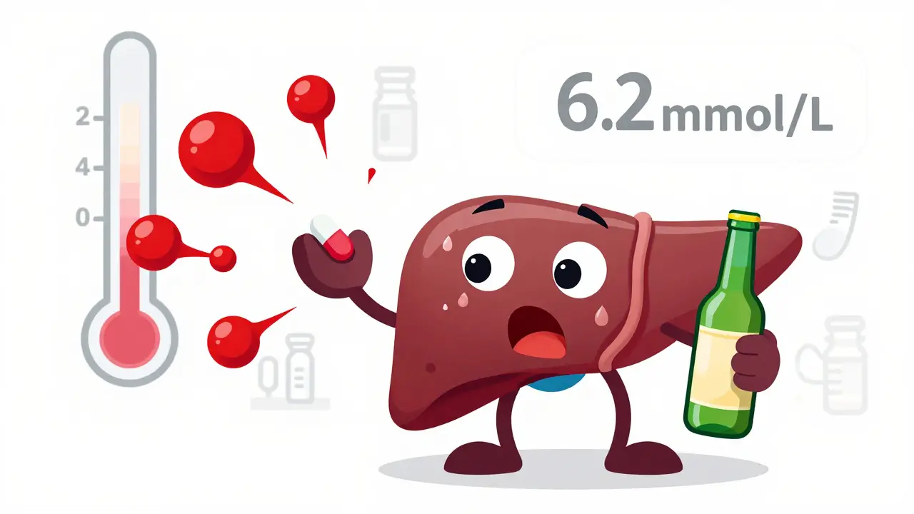 Cartoon liver overwhelmed by metformin and alcohol producing lactic acid.