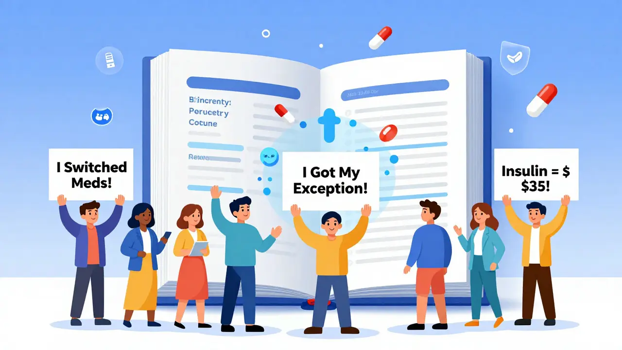 Diverse group celebrating drug cost savings with signs and floating biosimilars under a '2025 ,000 Cap' banner