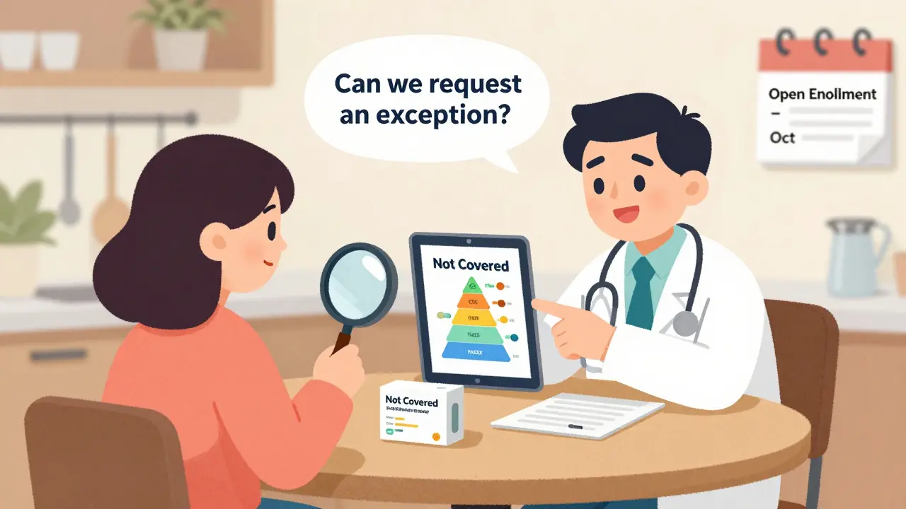 Doctor and patient reviewing a formulary chart on a tablet at a kitchen table, discussing a non-covered drug