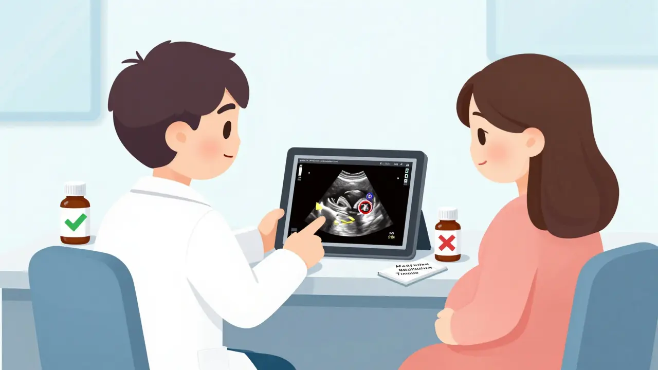 Doctor and patient reviewing an ultrasound with highlighted fetal development stages and medication safety markers.