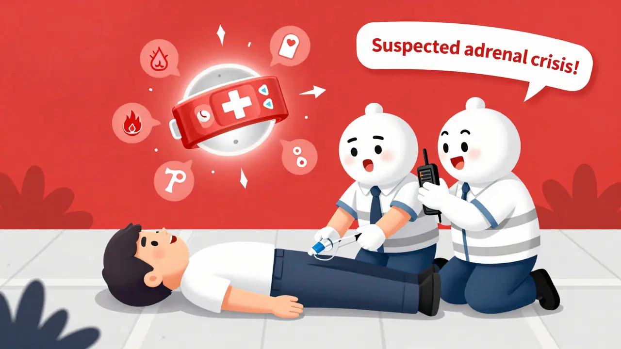 Paramedics giving a hydrocortisone injection to someone in crisis, with a glowing medical alert bracelet above.