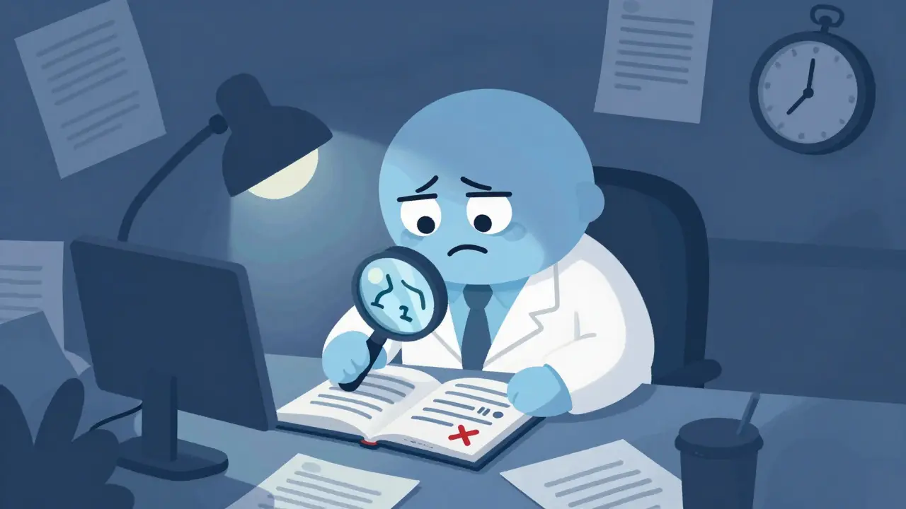 Patent specialist reviewing documentation with clock and stamp