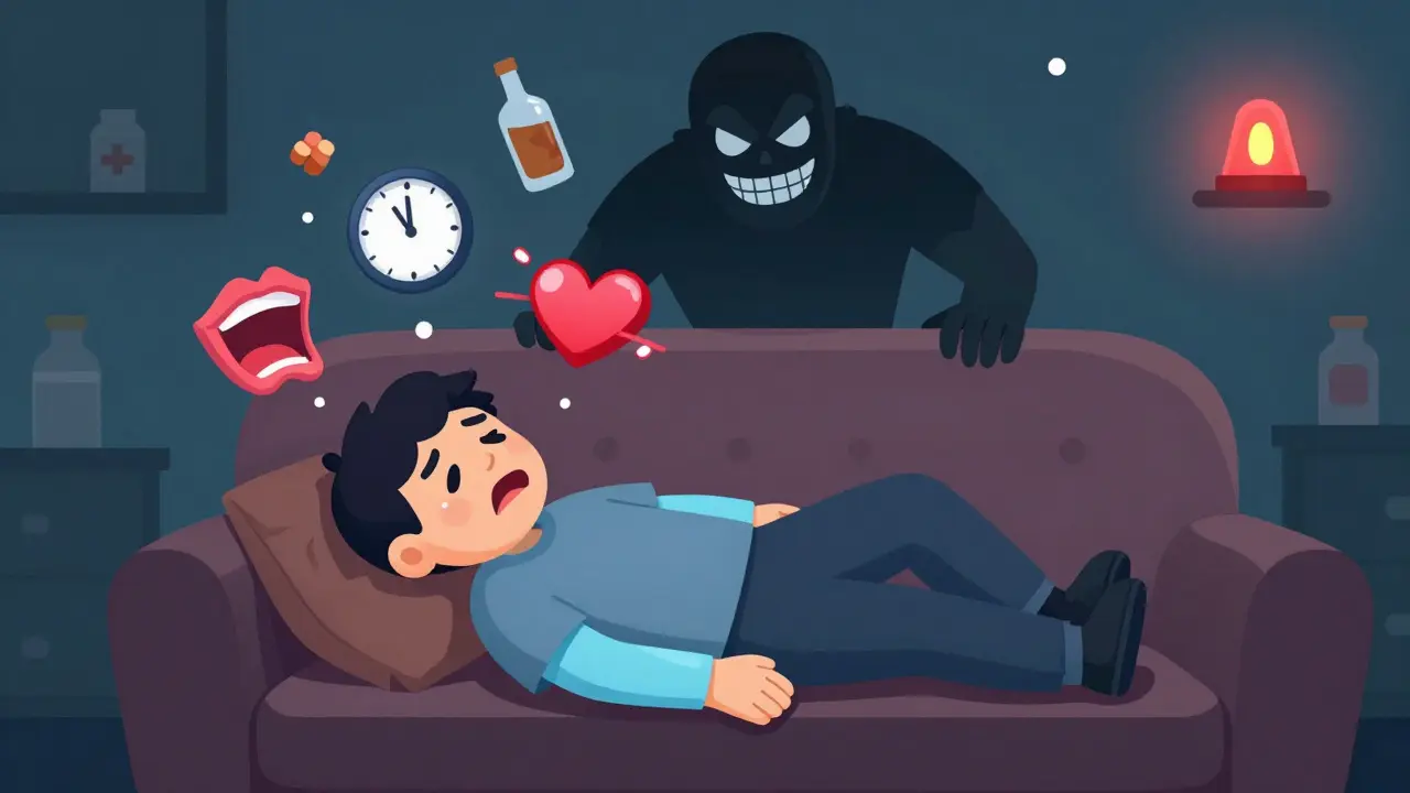 Person showing lactic acidosis symptoms with alcohol and metformin as shadowy threats.