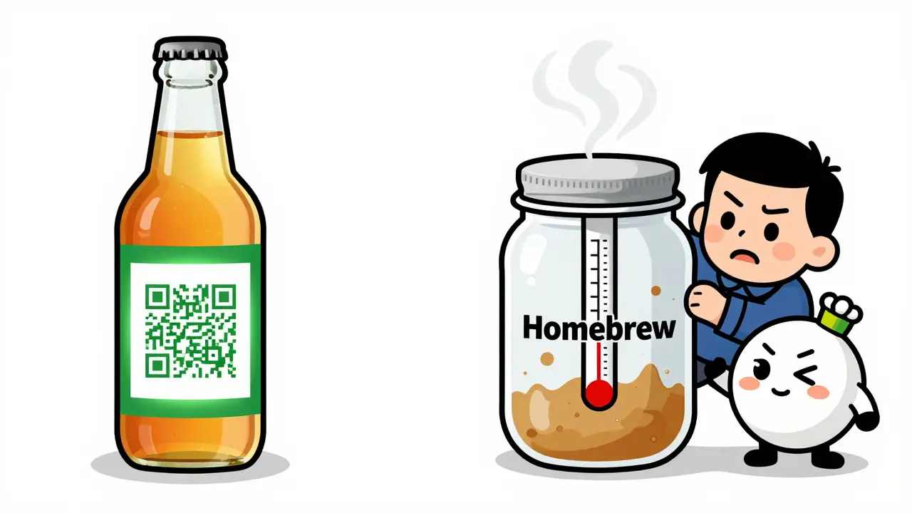Side-by-side: a labeled commercial kombucha bottle with a QR code next to a homemade jar with a rising alcohol meter, showing the difference in safety.