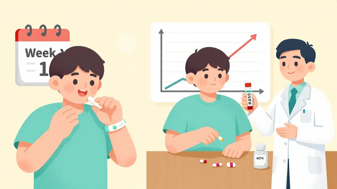 Split scene of a person tapering steroids over weeks, with a doctor holding an ACTH test and a medical bracelet visible.
