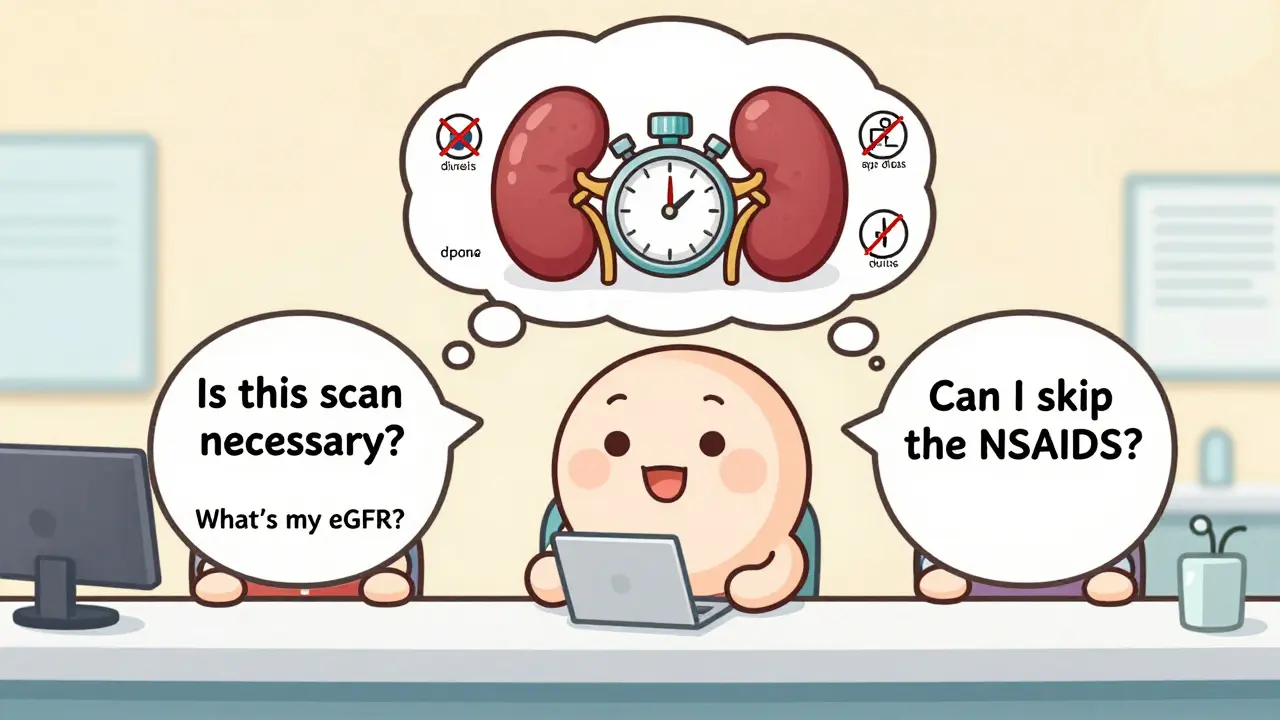 A patient asks three key questions at a clinic, with thought bubbles showing banned treatments and ticking kidneys.