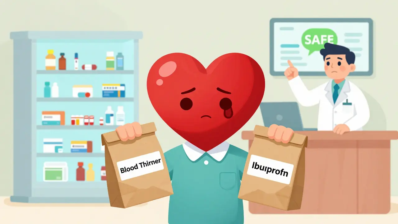A patient holds two separate pharmacy bags while a warning sign glows between them, with a safe pharmacy in the background.