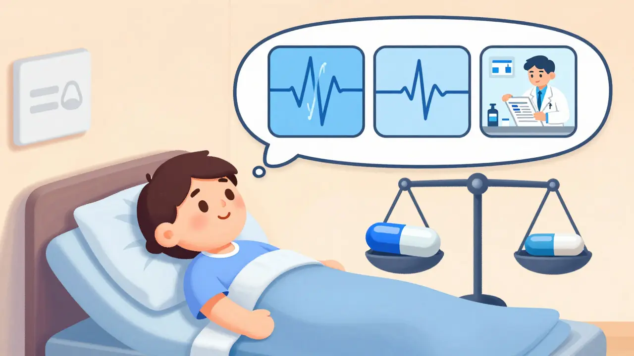 A patient in bed with a thought bubble showing seizures, steady heartbeat, and a doctor discussing pill safety on a scale.