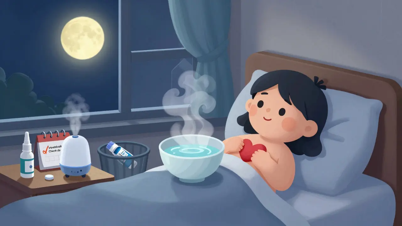 A person resting peacefully with steam and humidifier nearby, while a discarded decongestant bottle lies in the trash.