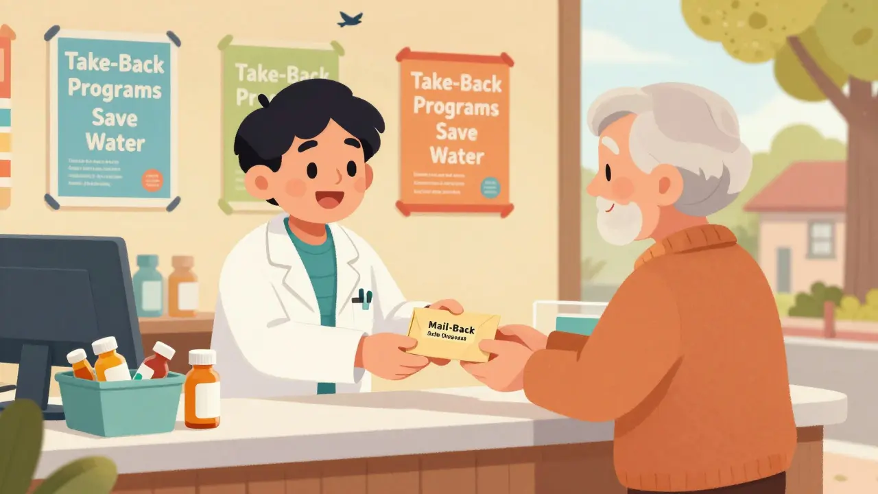 A pharmacist giving a mail-back envelope for safe medication disposal in a cozy community pharmacy.