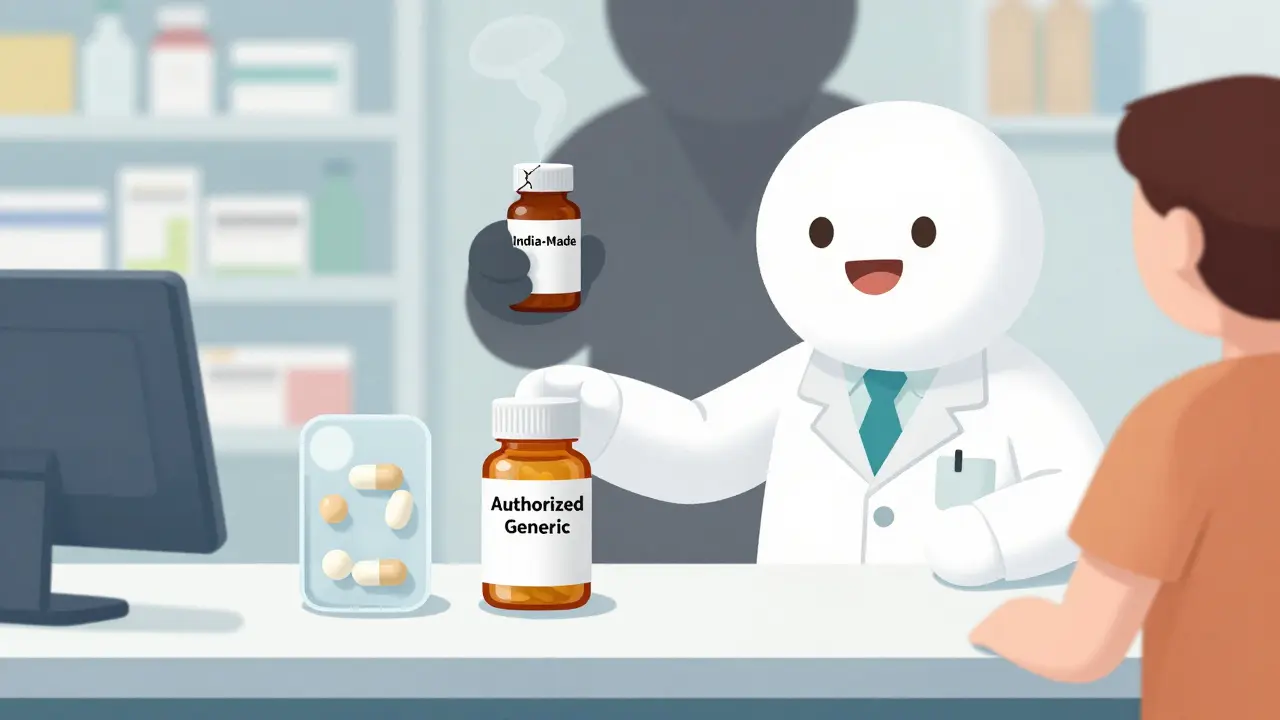 A pharmacist handing an authorized generic pill bottle beside a transparent pill showing identical structure to the brand version.