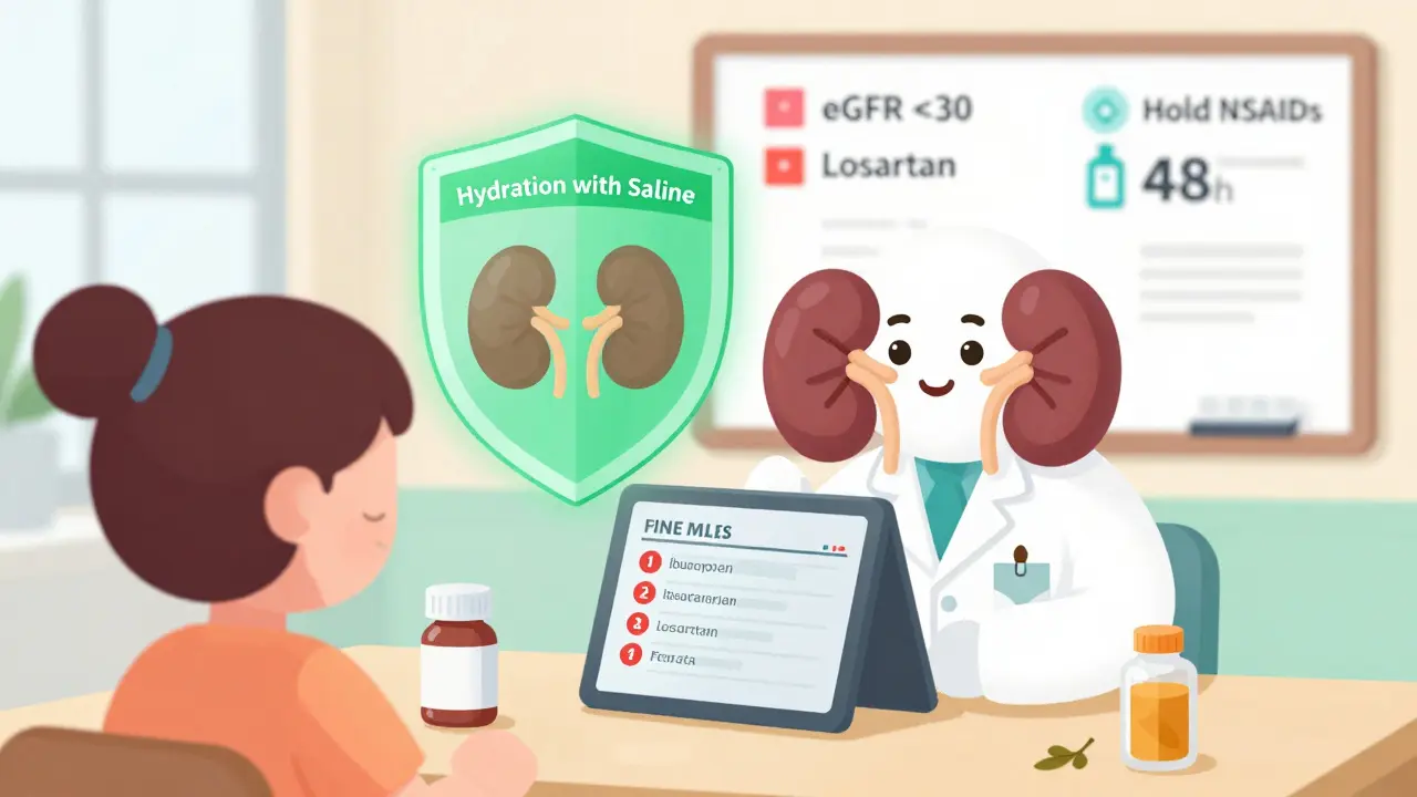 A pharmacist reviews a patient's meds on a tablet, highlighting dangerous drugs, with a hydration shield protecting kidney icons.