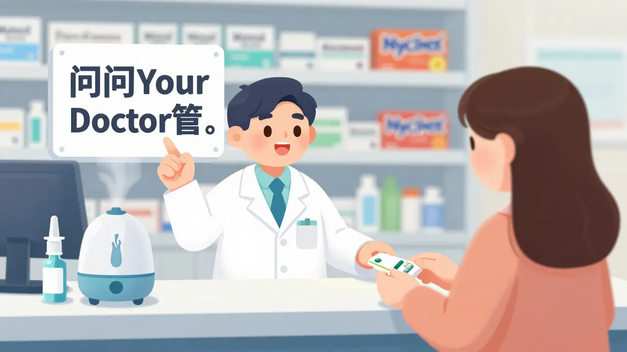 A pharmacist stopping a customer from taking a decongestant, showing safer alternatives on the counter.
