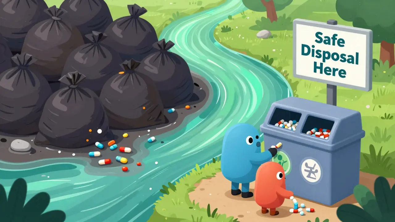 A split image showing toxic landfill leakage on one side and a clean take-back bin on the other, with a healthy river in the background.